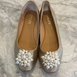 Chico's Elegant Gold Flats with Pearl Accents, size 8.5